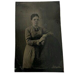 Antique 1800s Tintype Tin Photo Young Woman Lady In Victorian Dress Portrait Sad